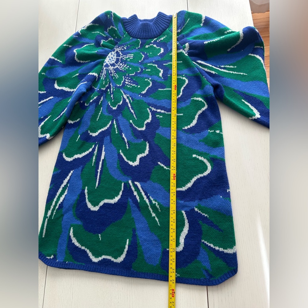 Farm Rio Knit Sweater Dress Balloon sleeves Size Large Floral Multi Color Blue - Picture 5 of 12